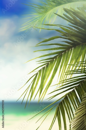 Palm leaves and beach and ocean. Tropical background. Generative AI