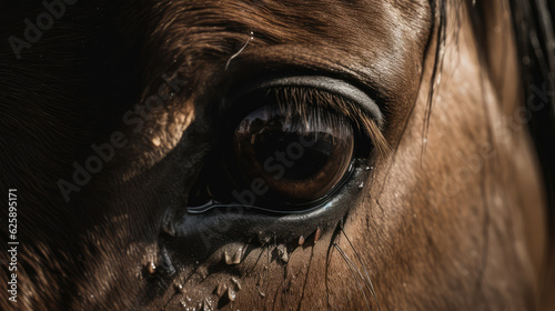 Very close up of the eye of a horse. Generative AI.