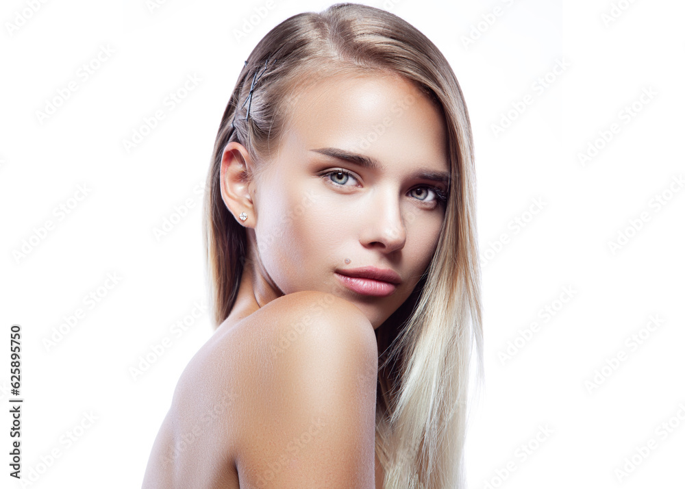 Naklejka premium Beautiful portrait of young adult beauty model woman with clean fresh skin, natural nude make-up and blonde hair. Girl with blue eyes with naked shoulder. Skincare facial treatment concept