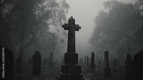 霧に包まれた墓地の不気味な墓石のクローズアップ　Generative AI photo