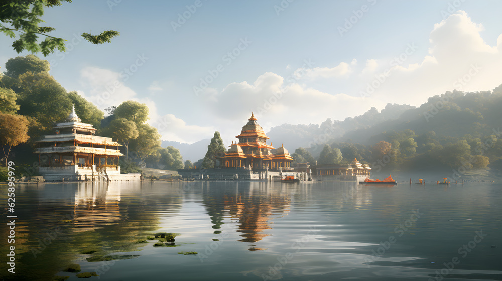 Indian temple on wide river trace  - obrazy, fototapety, plakaty 