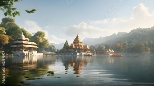 Indian temple on wide river trace  photo