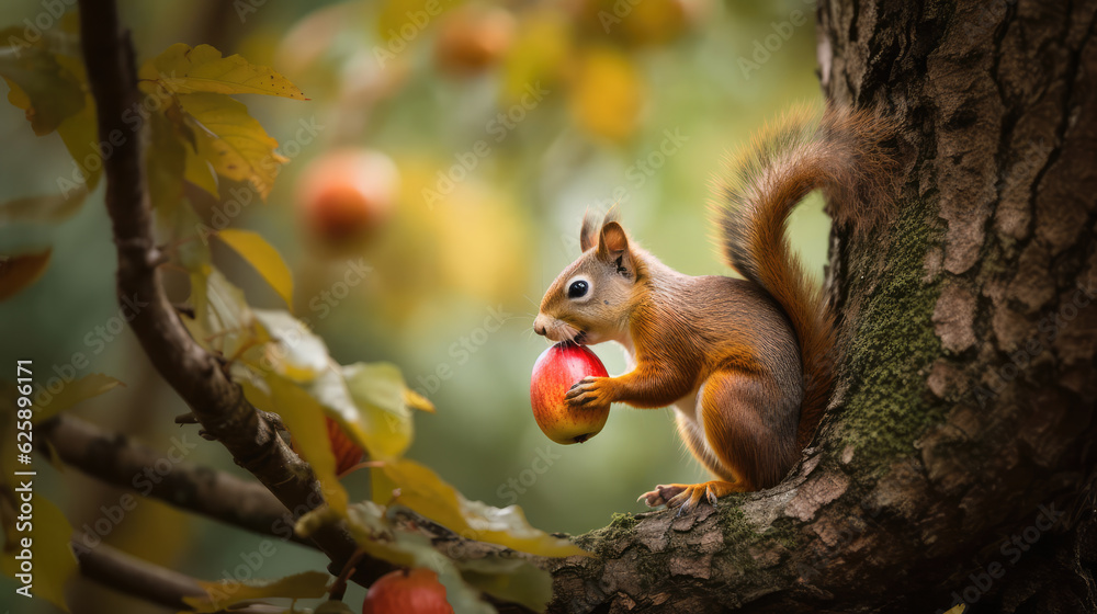 Closeup of a brown squirrel sitting on a branch in the tree. Generative AI.