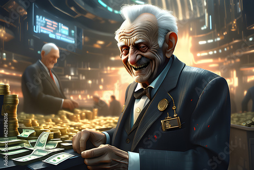 Fotografie, Obraz Greedy old man with money, Generative AI