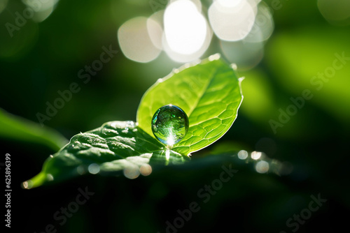 Macro large dew or raindrops on a green leaf, close-up. Summer forest in morning glow at sun day. Generative AI