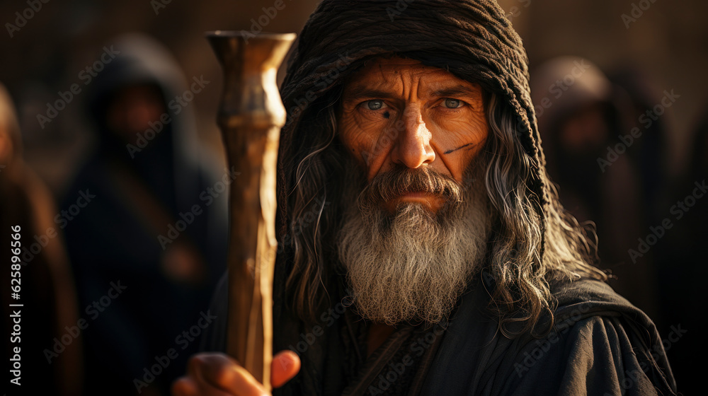 Portrait of biblical old man holding a stick in his hand. Christian illustration.