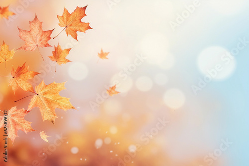 Beautiful autumn abstract background with yellow leaves and sunshine, bokeh and glow. Falling leaves natural background. Generative AI technology