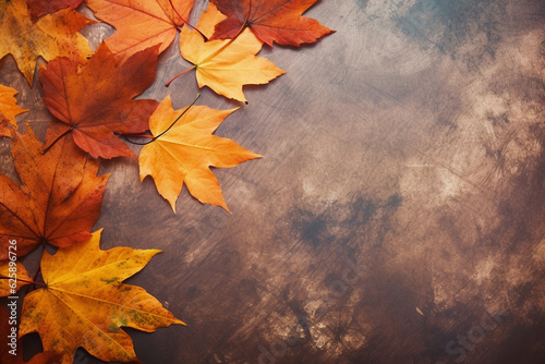 Autumn composition of frame made of autumn dried leaves on brown background. Flat lay, top view, copy space.