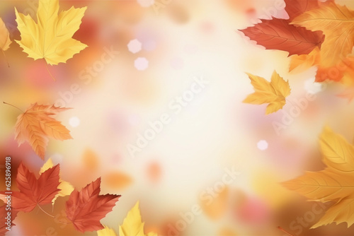 Beautiful autumn abstract background with yellow leaves and sunshine  bokeh and glow. Falling leaves natural background. Generative AI technology