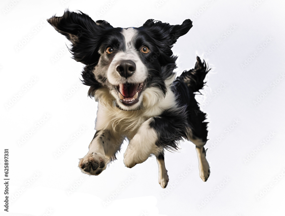 Cute black and white happy playful border collie dog puppy  jumping in air, playing and smiling isolated on transparent background