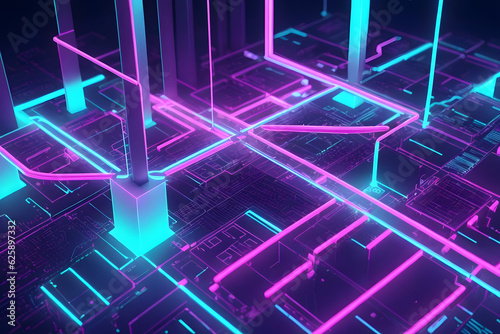 Abstract futuristic background with glowing neon lines and lights for data transfer