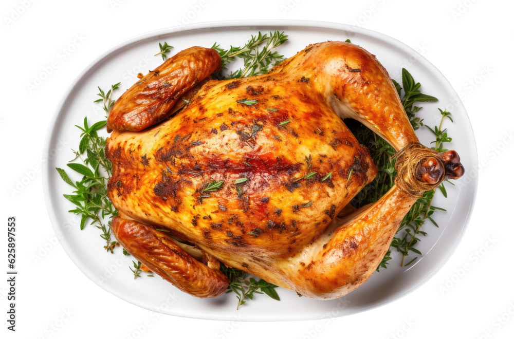 Roasted turkey on the plate isolated on transparent background Roasted turkey on the plate isolated on transparent background