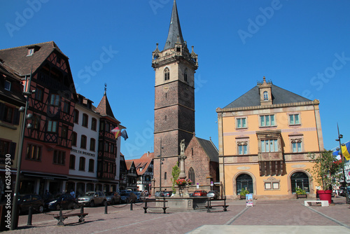 town hall and belfry (called the chapel tower) in obernai in alsace (france)