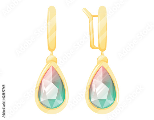 Expensive gold earrings with emerald gemstone. Vector isolated cartoon female royal jewelry.