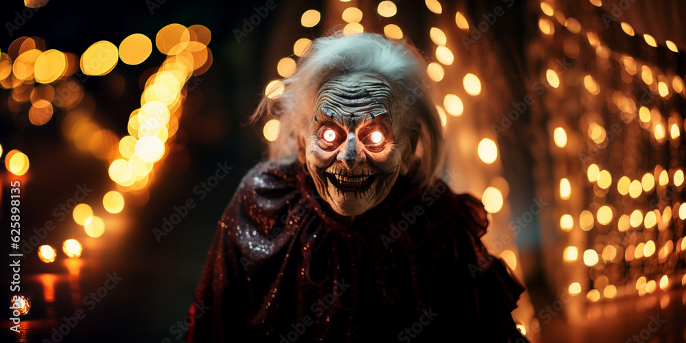 Halloween horror creepy party banner, elder witch woman horror mask portrait, night celebration lights