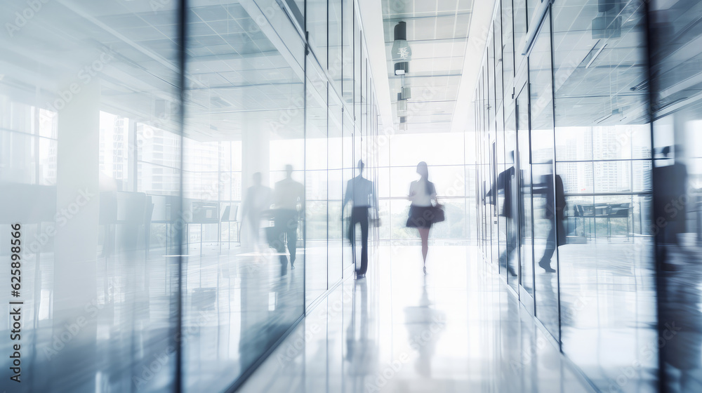 Bright picture of some business people walking along a hall in an office building. Generative AI.