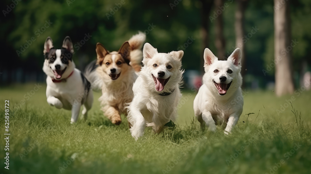 Group of little dogs running over a green meadow. Generative AI.