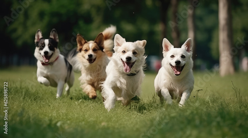 Group of little dogs running over a green meadow. Generative AI.
