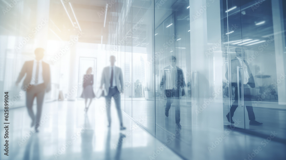 Blurry picture of some people walking behind a glass window in the office. Generative AI.