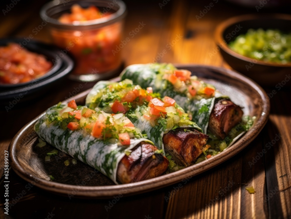 Tacos de Lengua served on a rustic wooden table with a side of spicy green salsa Tacos de Lengua served on a rustic wooden table with a side of spicy green salsa