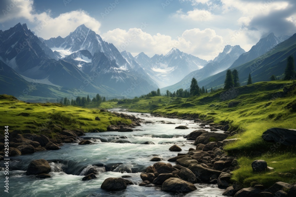 Fototapeta premium Lush Green Valley Surrounded by Towering Peaks, Generative AI