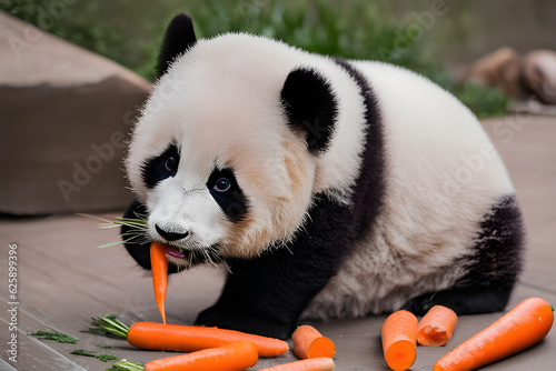 Baby Panda Eating Carrots at the Zoo. Generative AI photo