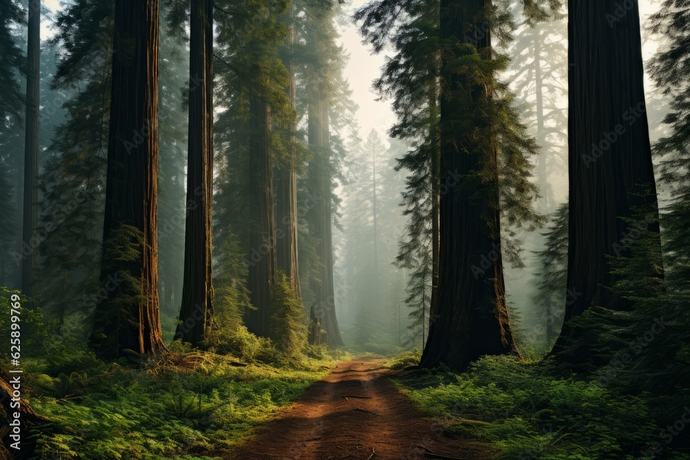 Obraz premium Majestic Redwood Forest with Towering Trees, Generative AI