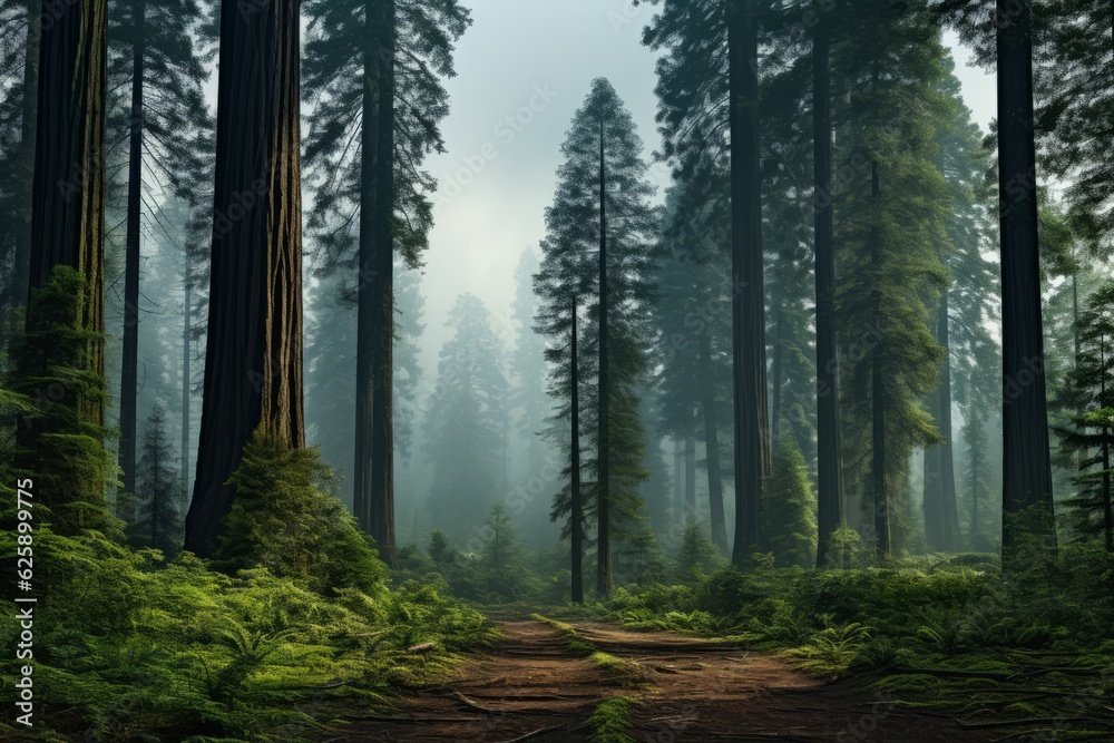 Majestic Redwood Forest with Towering Trees, Generative AI