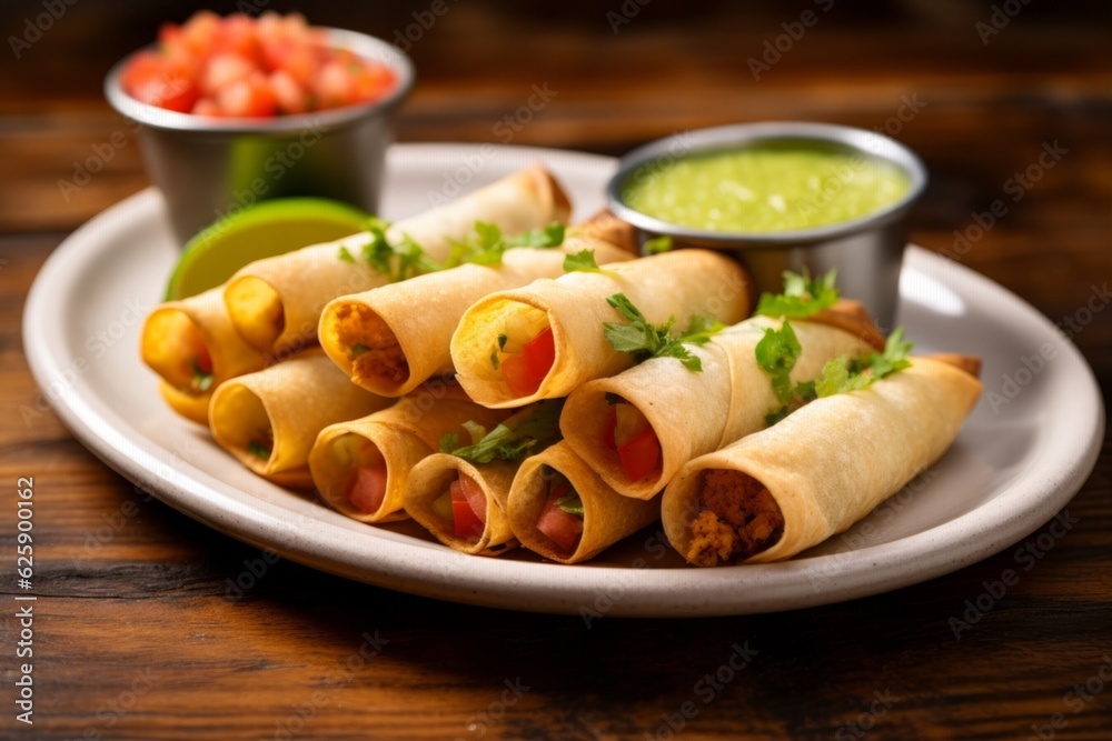freshly cooked taquitos, lined up on a white plate accentuated by a napkin and a lime slice on the side freshly cooked taquitos, lined up on a white plate accentuated by a napkin and a lime slice on the side