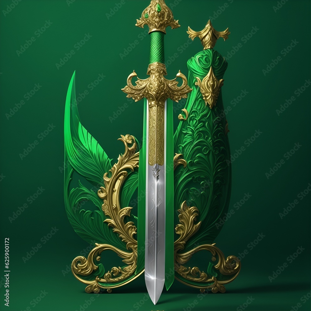 Luxurious and ornate green sword in creative plain background