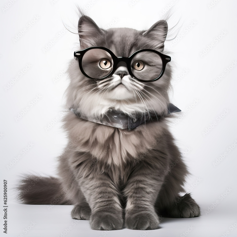 a portrait view of a cat sitting wearing big glasses ,british cat isolated on white,portrait of a cat