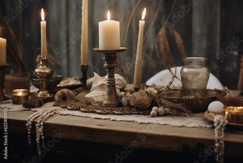 Vintage table with candles in rustic style. generative AI
