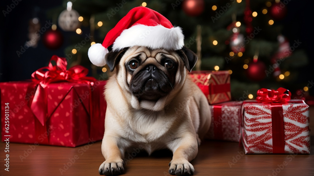 New Year's dog in Santa Claus's header festive background new high -quality universal colorful technology stock illustration design of illustrations, Generative AI New Year's dog in Santa Claus's header festive background new high -quality universal colorful technology stock illustration design of illustrations, Generative AI