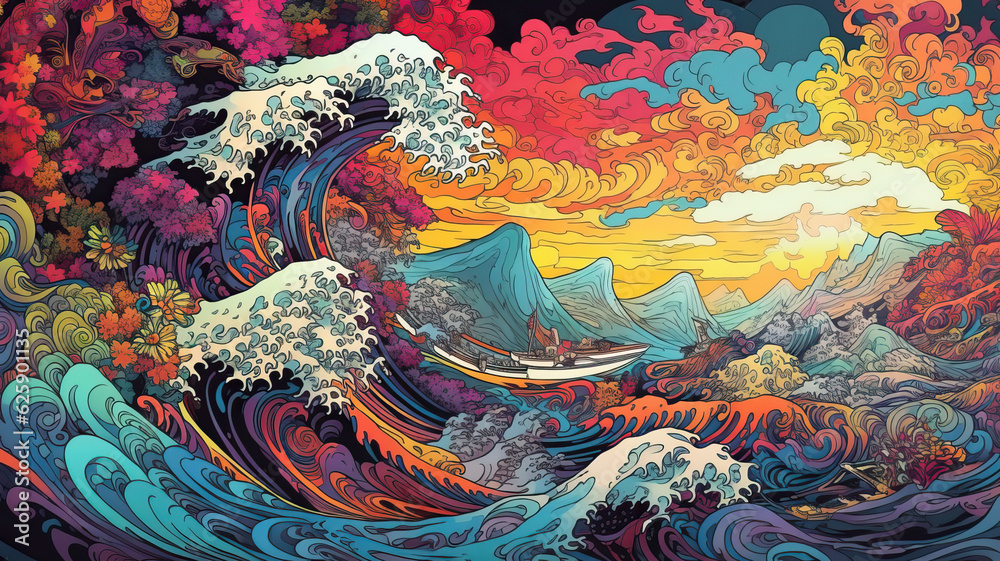 Colorful Japanese Wave Ukiyo-e Painting,A psychedelic fractal landscape,abstract watercolor background with painting