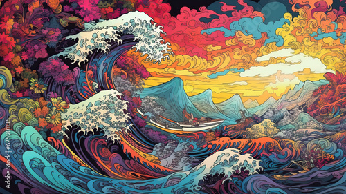 Obraz na płótnie Colorful Japanese Wave Ukiyo-e Painting,A psychedelic fractal landscape,abstract watercolor background with painting w salonie