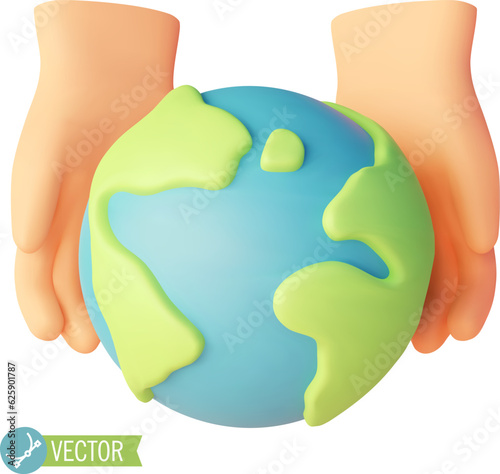 Vector hands holding Earth. Globe in the hands. Green planet with blue oceans. Saving the planet, ecology and environment