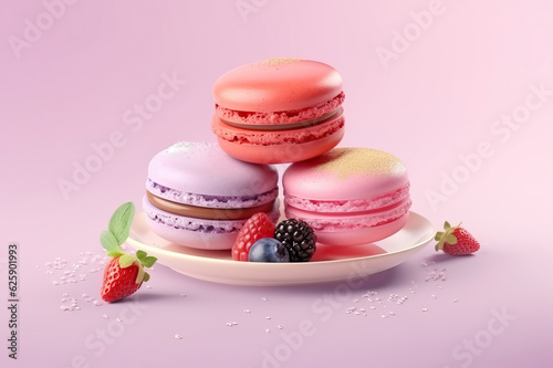 Dreamy color scheme of macarons, food photography,colorful macaroons,a realistic colorful Sweet delicious macaroons with straberry photo