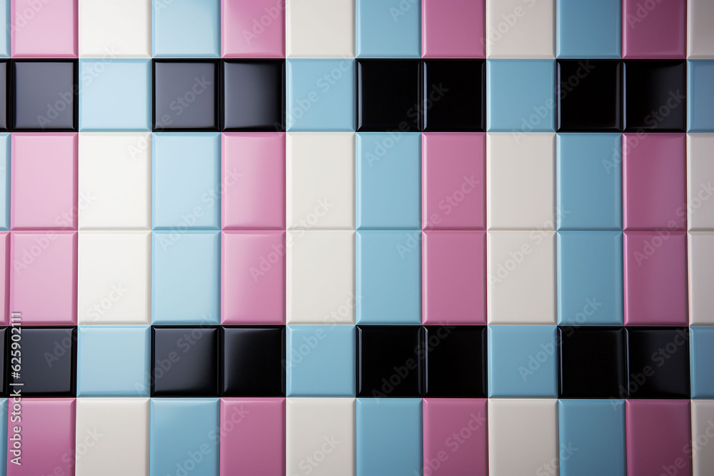 Mosaic tile patterns in pastel pink, slightly blue, black and white colours. Tiles for the bathroom wall or kitchen. Generative AI. Copy space.
