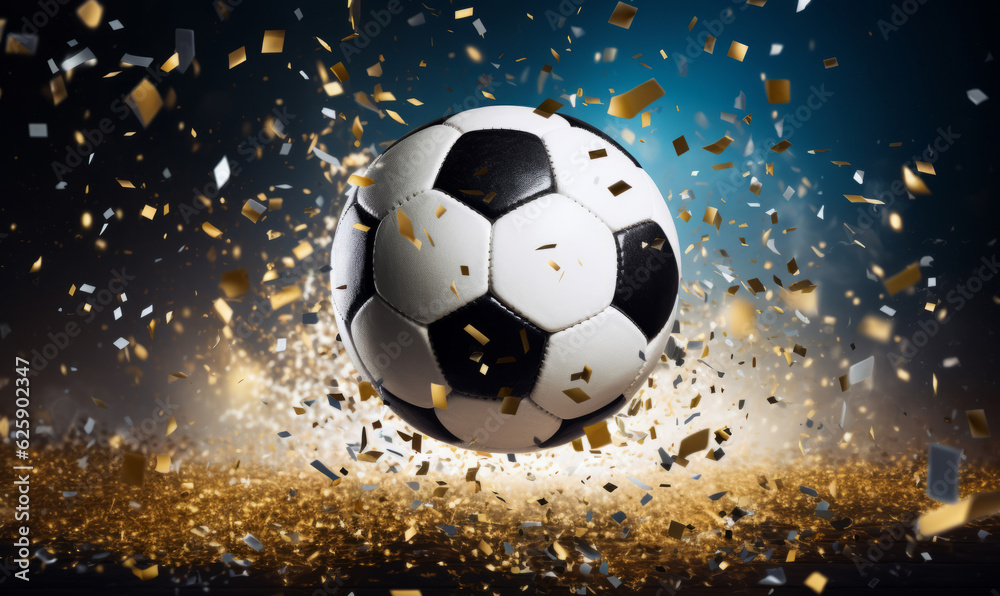 Fototapeta premium Soccer match winning celebration. Football ball with glitter and confetti