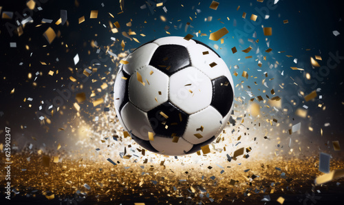 Soccer match winning celebration. Football ball with glitter and confetti © ink drop