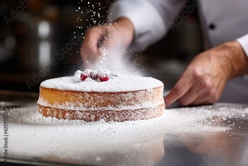 Close up a cakes sprinkled with icing sugar. photo