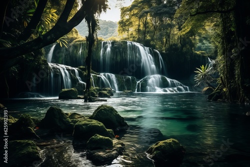 Majestic Waterfall Surrounded by Lush Vegetation  Generative AI.