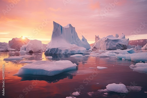 Icebergs at sunset with copy space.