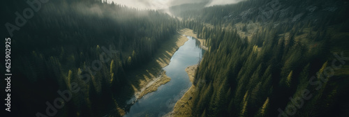 Aerial panorama of forest and river in Carpathian mountains