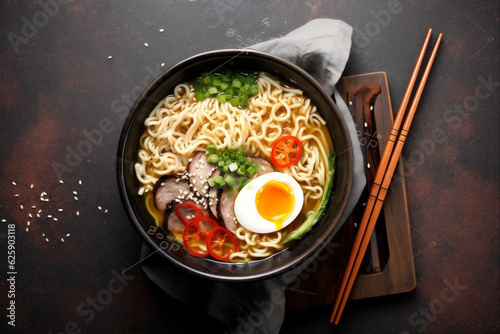 meal chopstick japanese ramen soup bowl food asian noodle vegetable. Generative AI.