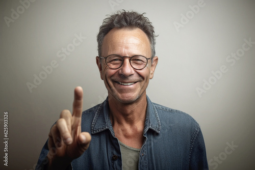 Portrait of middle age man grinning with forefinger raised, neutral background
