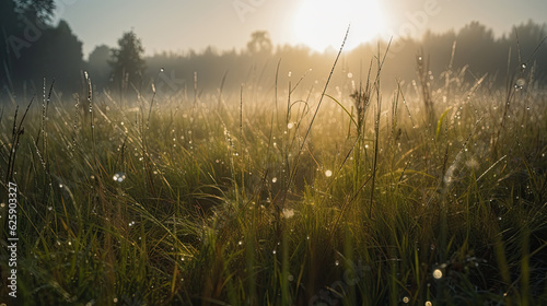 Morning dew on the grass in the meadow. Beautiful nature background.