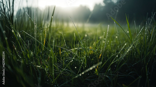 Dew drops on the grass in the morning. Nature background.