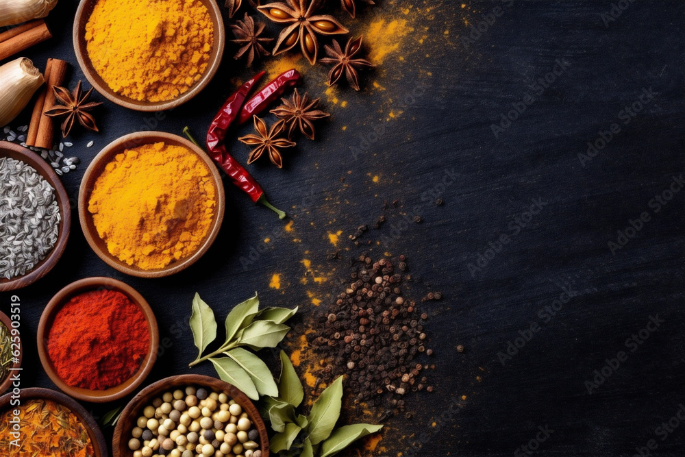 indian natural dry background ingredient seasoning herb spice cooking food powder. Generative AI. indian natural dry background ingredient seasoning herb spice cooking food powder. Generative AI.