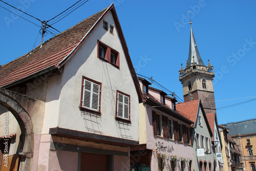 houses and belfry (called the chapel tower) in obernai in alsace (france)